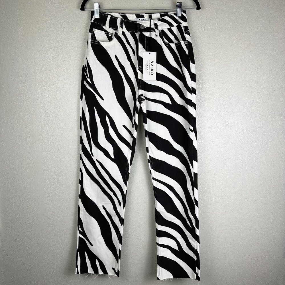 NA-KD Fashion Zebra Denim Pants NEW Distressed Straight Leg High Waisted Size 4